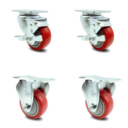 Service Caster 3 Inch Red Polyurethane Wheel Swivel Top Plate Caster Set with 2 Brake 2 Rigid SCC-20S314-PPUB-RED-TLB-TP3-2-R-2